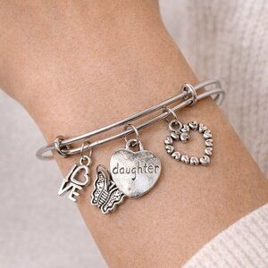Silver Daughter Charm Bracelet Heart Butterfly Expandable Bangle Gift